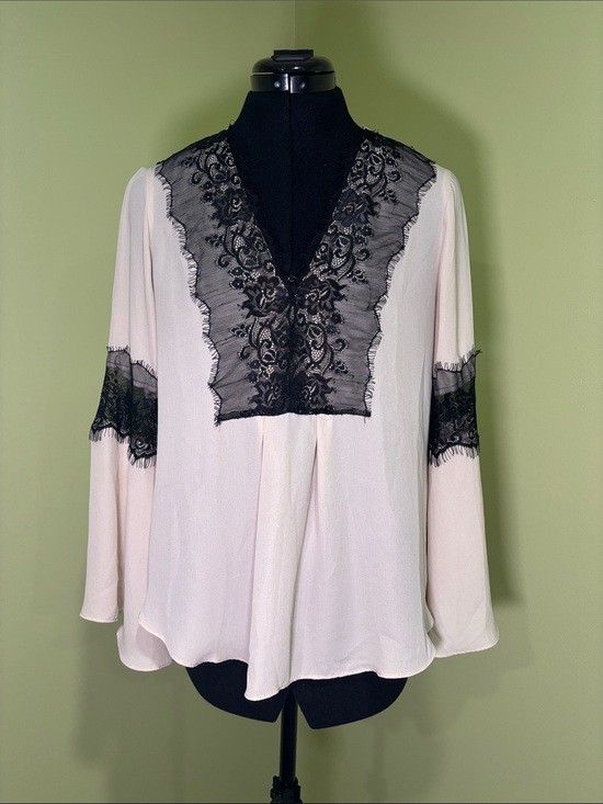 New York & Company Tops - New York & Co. Lace Trim V-Neck Blouse in Cream and Black with bell sleeves